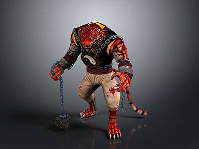 Tiger Humanoid Character With Red Claws Chain Yin Yang Symbol Beige Pants Holding Mace 3d model