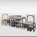 Modern Multi tier Shoe Rack with Bench Gold Black Frame and Pink Gray Upholstered Seat