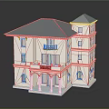 Classic Two Story Residential Building With Blue Roof Beige Exterior Balcony And Arched Porch