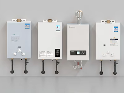 Four Different Styles of Gas Water Heaters Hung Side by Side on Wall Kitchen Appliances 3d model