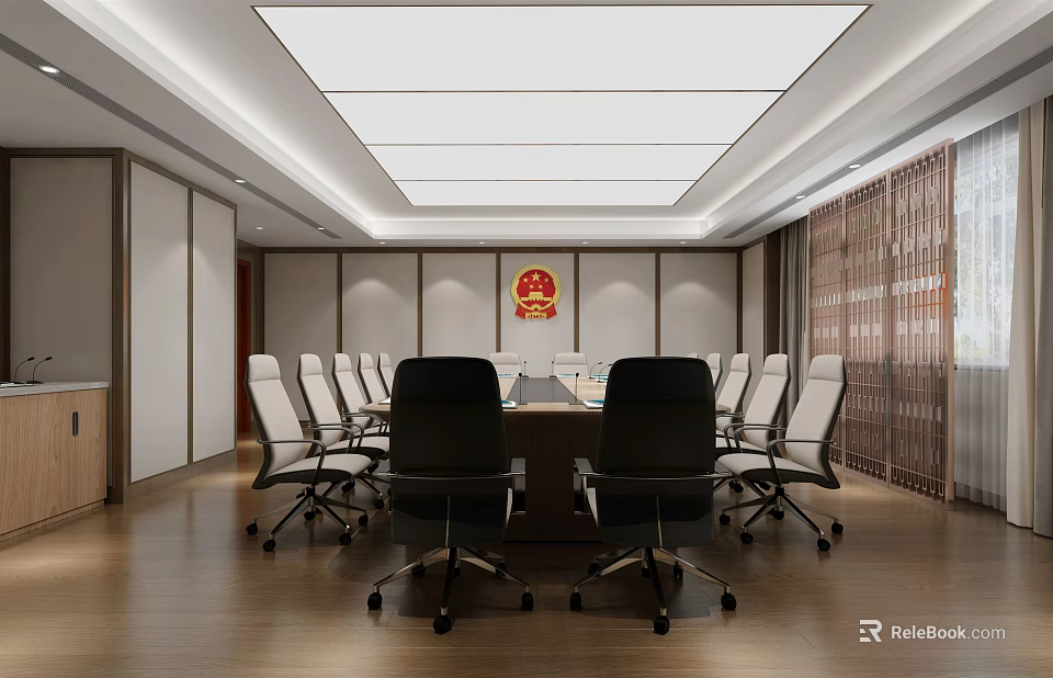 Spacious Conference Room With Long Table Red Emblem Chairs And Wooden Floor 3d model 