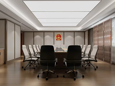 Spacious Conference Room With Long Table Red Emblem Chairs And Wooden Floor 3d model