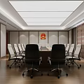 Spacious Conference Room With Long Table Red Emblem Chairs And Wooden Floor