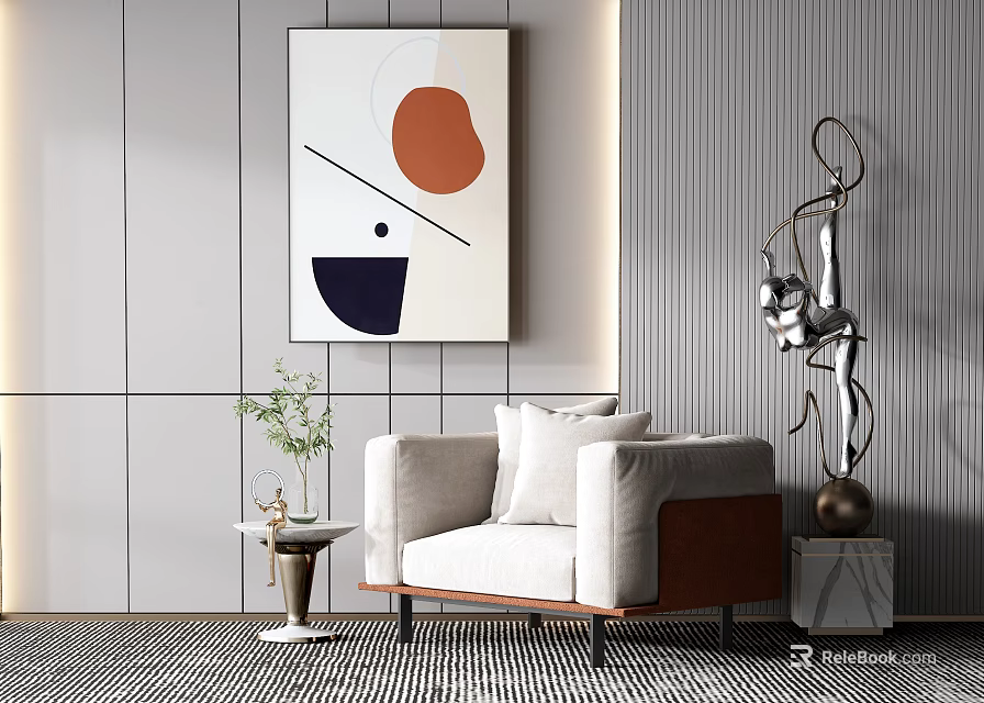 Modern Light Colored Single Sofa With Side Table Green Plant And Abstract Geometric Painting 3d model 