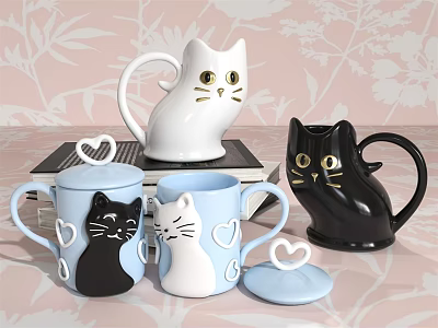Adorable Cat Shaped Ceramic Mugs White Black Blue with Heart Accents 3d model
