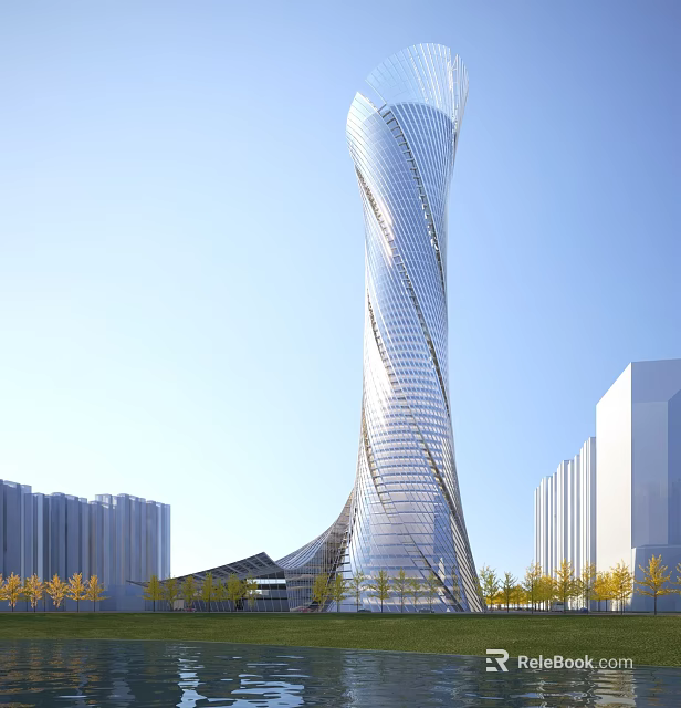 Tall Modern Twisted Office Building With Glass Curtain Wall Surrounding Trees And Blue Sky 3d model 