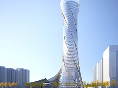 Tall Modern Twisted Office Building With Glass Curtain Wall Surrounding Trees And Blue Sky 3d model
