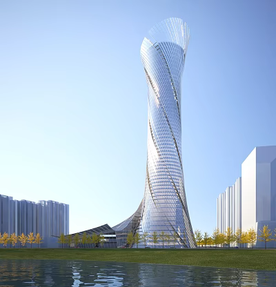 Tall Modern Twisted Office Building With Glass Curtain Wall Surrounding Trees And Blue Sky 3d model