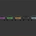 Different Colored Cars Lined Up In Row On Dark Background With Shiny Finish