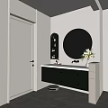 Modern Bathroom Interior Design With Green Vanity Round Mirror Shelf Flower Vase And Potted Plant