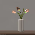 White Ribbed Ceramic Vase With Pink Tulips And Green Stems On Light Background