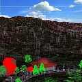 Serene Misty Mountain Forest Scenery With Nestled Red Roof Buildings Under Bright Fresh Blue Sky
