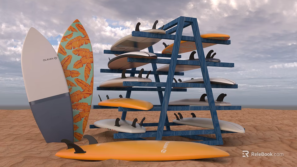 Outdoor Recreational Equipment Blue Surfboard Rack Holding Various Colored Surfboards With Patterns On Beach 3d model 
