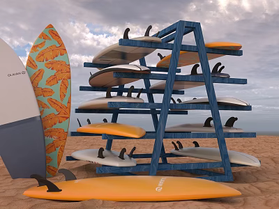 Outdoor Recreational Equipment Blue Surfboard Rack Holding Various Colored Surfboards With Patterns On Beach 3d model