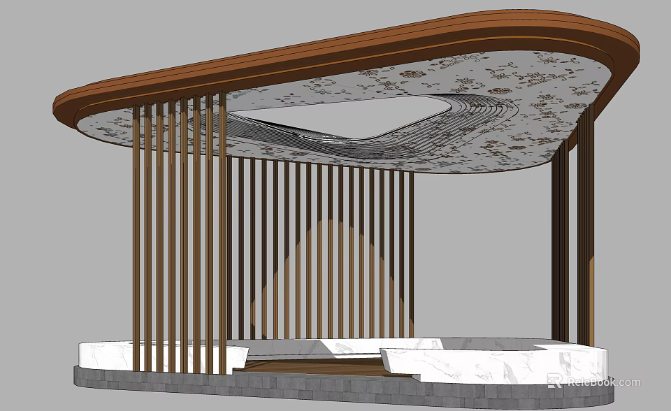 Wooden Pergola Design With Patterned Ceiling And Vertical Columns On Stone Platform 3d model