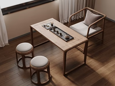 Chinese Minimalist Wooden Tea Table and Chairs with Tea Set and Round Stools 3d model