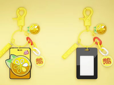 Cute Jewelry Keychain Featuring Lemon Pattern Yellow Hook Black Tag And Accessories On Yellow Background 3d model