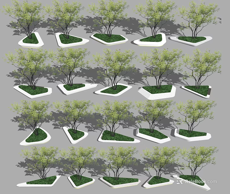 Various Shaped Tree Pits With Green Trees And Grass Arranged In Rows 3d model