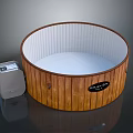Round Wooden Bathtub With White Interior And External Heater Equipment
