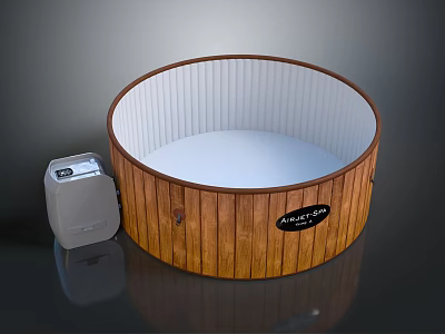 Round Wooden Bathtub With White Interior And External Heater Equipment 3d model