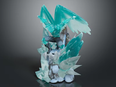 Crystal Dragon Fantasy Game Character With Transparent Teal Wings And Rocky Crystal Base 3d model