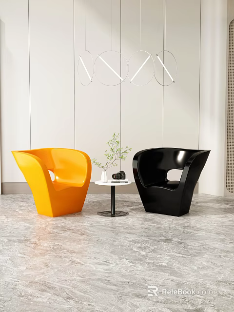 Modern Interior With Orange And Black Curved Chairs And Small Round Table Set 3d model