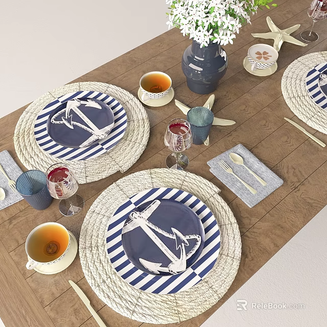 Decorative Ornament Combination With Blue White Striped Anchor Plates Woven Placemats Shells On Wooden Tabletop 3d model 