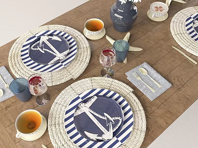 Decorative Ornament Combination With Blue White Striped Anchor Plates Woven Placemats Shells On Wooden Tabletop 3d model