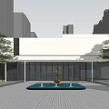 Modern Entrance Gate Design With Glass Facade And Green Plants Near Tall Buildings