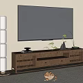 Modern Wooden TV Stand with Circular Lattice Doors Decorative Rockery and Floor Lamp