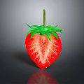 Juicy Sliced Fresh Red Strawberry with Green Leaves on Dark Surface