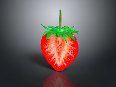 Juicy Sliced Fresh Red Strawberry with Green Leaves on Dark Surface 3d model