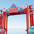 Red Chinese Style Event Archway With Decorative Cloud And Wave Patterns For Carnival 3d model