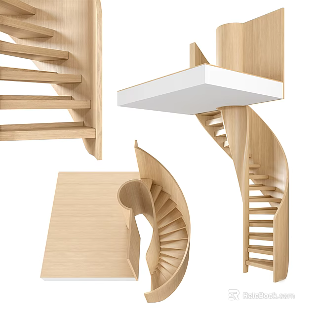 Modern Wooden Spiral Staircase Interior Design With Curved Steps And Open Tread 3d model 