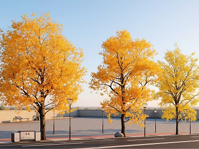 Yellow Leaf Trees in Urban Square with Blue Sky Street Lamps and Benches 3d model