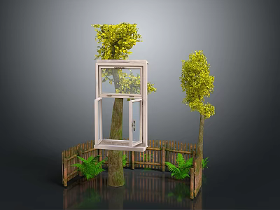 Modern Scene With Open Window Yellow Trees Green Plants Wooden Fence And Reflective Floor 3d model