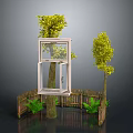 Modern Scene With Open Window Yellow Trees Green Plants Wooden Fence And Reflective Floor