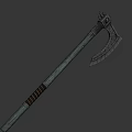 Medieval Battle Axe Featuring Wooden Handle Metal Blade Decorative Spikes And Green Gemstone
