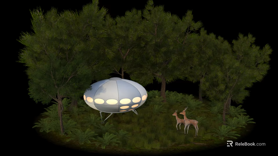 Cartoon Scene With UFO Trees Lush Grass And Two Deer Standing 3d model 