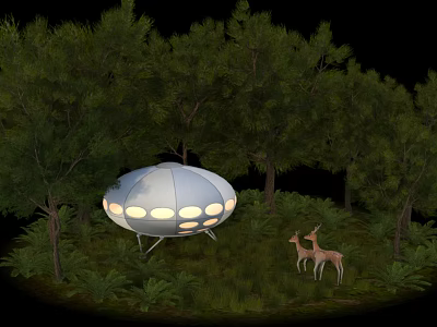 Cartoon Scene With UFO Trees Lush Grass And Two Deer Standing 3d model