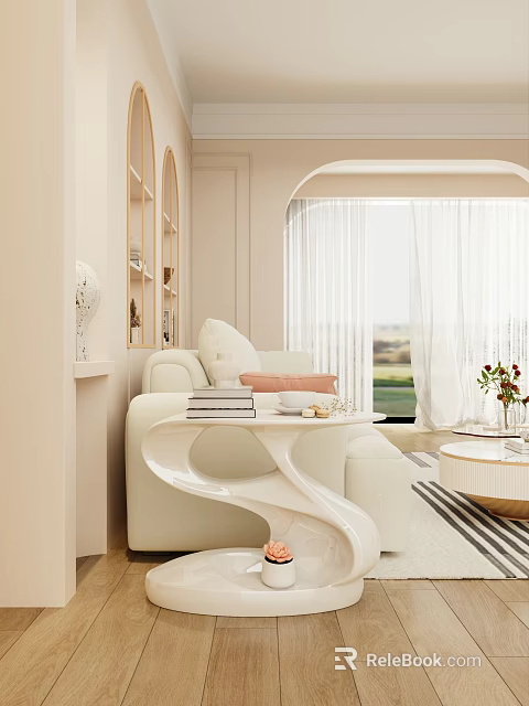 Elegant Modern Sofa And Coffee Table Set With Curved Design Light Curtains And Natural Light 3d model 