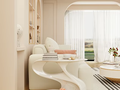 Elegant Modern Sofa And Coffee Table Set With Curved Design Light Curtains And Natural Light 3d model
