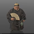 Man in Traditional Chinese Clothing Wearing Hat Holding Fan and Green Pendant