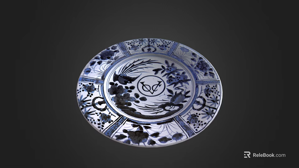 Blue and White Plate Decoration Featuring Floral Patterns and Fish Motif 3d model 