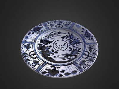 Blue and White Plate Decoration Featuring Floral Patterns and Fish Motif 3d model