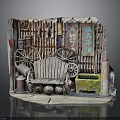 Rustic Vintage Wooden Bench With Old Wheels Buckets Tools And Signs
