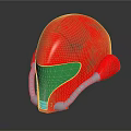 Red Metallic Helmet With Green Visor And Sleek Silver Accents