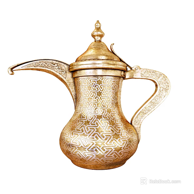 Golden Traditional Teapot With Elaborate Geometric Patterns On Body And Handle 3d model