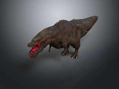 3D Tyrannosaurus Rex Model With Dark Skin Red Accents Open Mouth Sharp Teeth Gray Background 3d model
