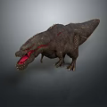 3D Tyrannosaurus Rex Model With Dark Skin Red Accents Open Mouth Sharp Teeth Gray Background
